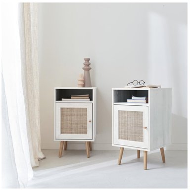 MESA DE NOCHE VELADOR AELU COLOR BLANCO CON REJILLA DE RATAN TU MESITA