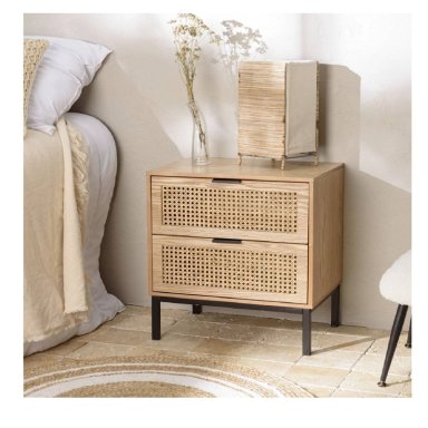 VELADAOR MESA DE NOCHE MODERNA CASSIDY CON REJILLA RATAN 2 CAJONES TU MESITA