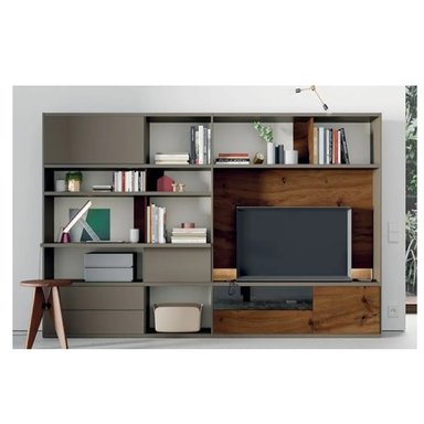 MESA DE TV MODERNA CON ESTANTERIA  MAVERICK COLOR TAUPE/DOLCETTO CON CAJONES TU MESITA