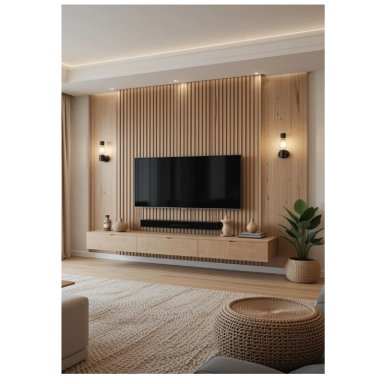 CENTRO DE ENTRETENIMIENTO FLOTANTE MISTI CON WALL PANEL COLOR DUNA TU MESITA