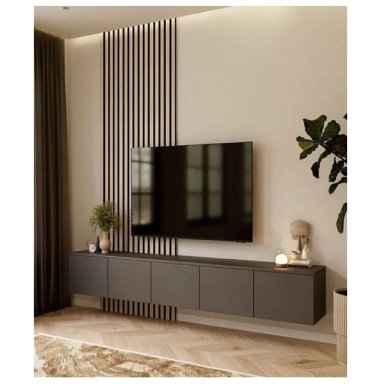 MESA DE TV FLOTANTE CON WALL PANEL MISTICO COLOR MARRÓN OSCURO 5 PUERTAS TU MESITA