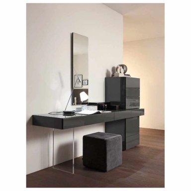 TOCADOR MODERNO EN HIGH GLOSS FUTURE CON ESPEJO Y ASIENTO PUFF COLOR NEGRO TU MESITA