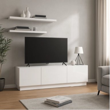 MESA DE TV MODERNA ELIAS BLANCO BRILLANTE 3 PUERTAS TU MESITA