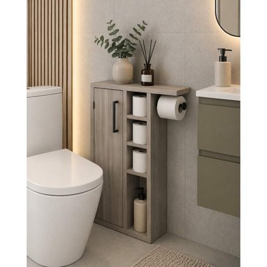 MUEBLE ORGANIZADOR DE BAÑO CELINE TU MESITA EN CENIZA CON PORTA PAPEL Y ALMACENAMIENTO VERTICAL - 1
