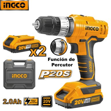 SET DE HERRAMIENTAS INGCO ATORNILLADOR PERCUTOR 20V + 2 BATERÍAS LITIO 2.0AH CIDLI20012