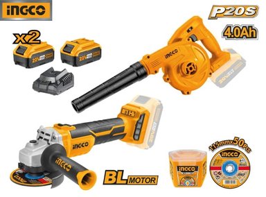 SET INGCO COSLI2211315 20 V INALÁMBRICO AMOLADORA + SOPLADORA/ASPIRADORA 2 BATERÍAS 4.0AH + 50 DISCOS
