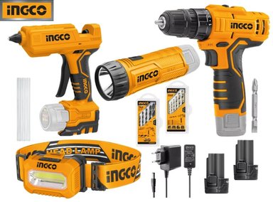SET DE HERRAMIENTAS INGCO INALÁMBRICO ATORNILLADOR 12V + PISTOLA SILICONA + LINTERNA LED MANO + FRENTE COSLI22121