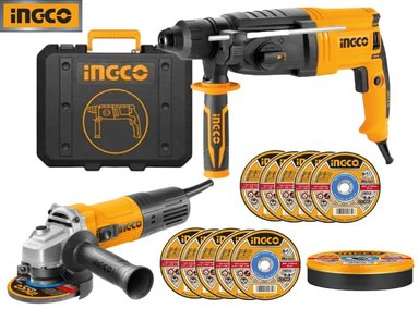 COMBO ROTOMARTILLO INGCO 950W SDS PLUS RGH9528 + AMOLADORA ANGULAR 4 1/2' 750W AG75028 + 10 DISCOS MCD121155