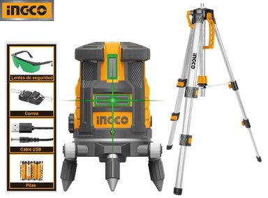 NIVEL LÁSER INGCO HLLT01152 COMBO AUTONIVELANTE LÍNEA VERDE HLL305205 + TRÍPODE DE ALUMINIO 1200MM