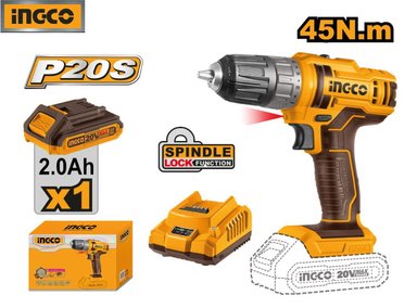 SET DE HERRAMIENTAS INGCO TALADRO ATORNILLADOR INALÁMBRICO 20V 2.0AH + BATERÍA + CARGADOR CDLI200518