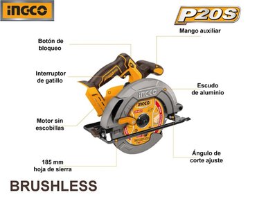 SIERRA CIRCULAR BRUSHLESS INGCO 20V 7 1/4'' + 2 BATERÍAS 2.0AH CSLI1851 - 2