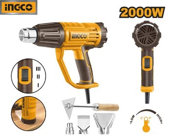 SET DE HERRAMIENTAS INGCO PISTOLA DE CALOR TEMPERATURA AJUSTABLE 2000 WATTS + 4 ACCESORIOS HG200047