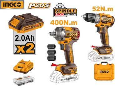 SET INGCO CKLI20271 20 V BRUSHLESS LLAVE DE IMPACTO 400NM + DADOS + TALADRO ATORNILLADOR + 2 BATERIAS 2.0AH