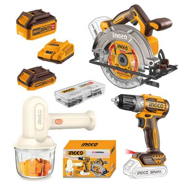 KIT BRUSHLESS SIERRA CIRCULAR INGCO + ATORNILLADOR 20V + BATIDORA + 2 BATERÍAS 4.0AH Y 2.0AH COSLI240583
