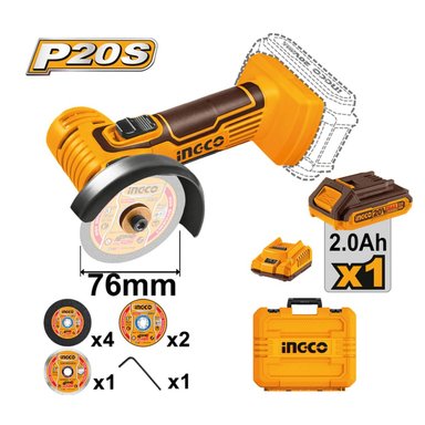 MINI AMOLADORA INGCO CAGLI76012 20V 76MM + DISCOS + 1 BATERÍA 2.0AH + CARGADOR