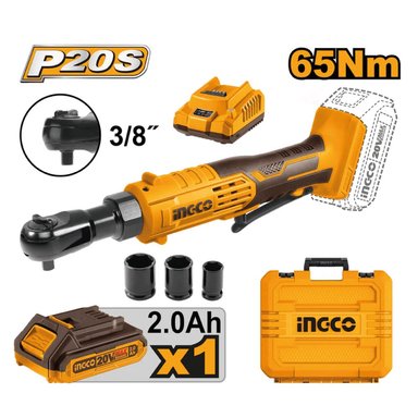 LLAVE INGCO CDRLI2060152 20V RATCHET INALÁMBRICA 65NM 3/8'+ DADOS + BATERÍA 2.0AH + CARGADOR