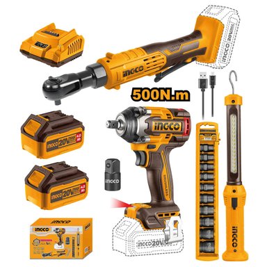 KIT LLAVE IMPACTO INGCO COSLI240461 20V 500NM + LLAVE RATCHET + SET DADOS IMPACTO + LINTERNA