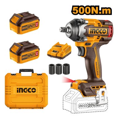 LLAVE IMPACTO INGCO CIWLI2050 20V BRUSHLESS 500NM + 2 BATERÍAS 4.0AH + CARGADOR