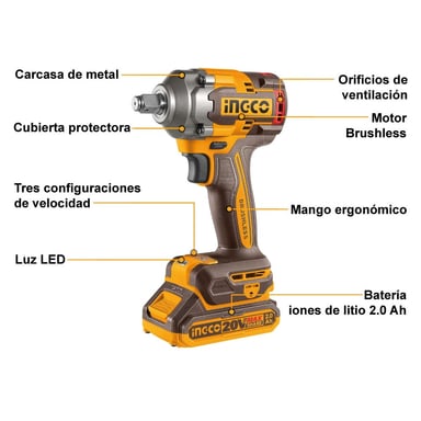 LLAVE DE IMPACTO BRUSHLESS INGCO 20V 400NM + 2 BATERÍAS 2.0AH + CARGADOR CIWLI2040 - 2
