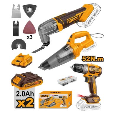 KIT TALADRO ATORNILLADOR INGCO BRUSHLESS 20V 52NM + HERRAMIENTA MULTIFUNCIÓN + ASPIRADOR COSLI240685