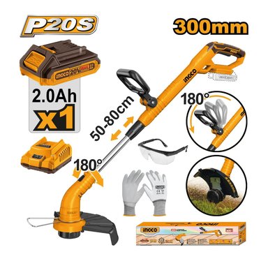 CORTADORA INGCO CGTLI20301 BORDEADORA CÉSPED 20V + LENTES + GUANTES + 1 BATERÍA 2.0AH + CARGADOR