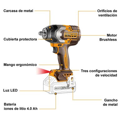 LLAVE DE IMPACTO BRUSHLESS INGCO 20V 850NM + 2 BATERÍAS 4.0AH + CARGADOR CIWLI2085 - 2
