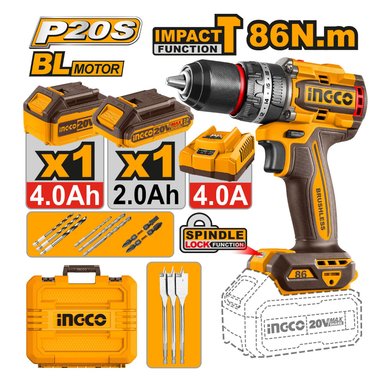 TALADRO PERCUTOR BRUSHLESS CHUCK METÁLICO INGCO 20V 86NM + BATERÍAS + ACCESORIOS CIDLI20868