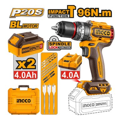 TALADRO PERCUTOR BRUSHLESS CHUCK METÁLICO INGCO 20V 96NM + BATERÍAS + ACCESORIOS CIDLI20968