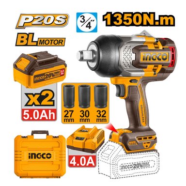 LLAVE DE IMPACTO BRUSHLESS INGCO 20V 1350NM 3/4' + 2 BATERÍAS 5.0AH + CARGADOR CIWLI20135