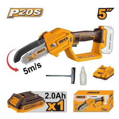 MINI MOTOSIERRA INGCO 20V 5' 13CM 5M/S + 1 BATERÍA 2.0AH + CARGADOR CGSLI20581