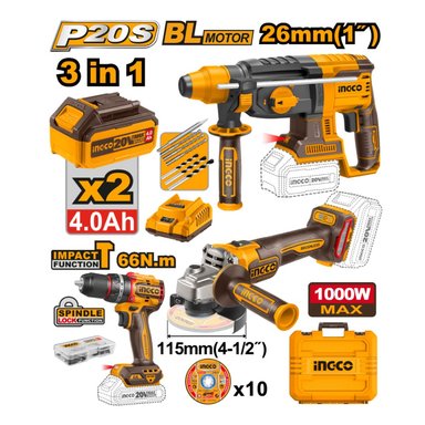KIT BRUSHLESS INGCO PERCUTOR 20V 66NM + AMOLADORA 20V 1000W + ROTOMARTILLO 20V 2.5J COSLI241198