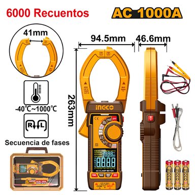 PINZA AMPERIMÉTRICA DIGITAL INGCO AC 1000A 6000 RECUENTOS DCM610001