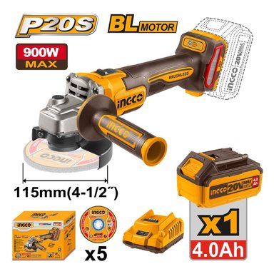 AMOLADORA ANGULAR BRUSHLESS INGCO 20V 900W 4 1/2'' 115MM + BATERÍA 4.0AH + CARGADOR CAGLI261521