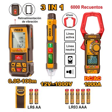 KIT MEDIDOR DE DISTANCIA INGCO 100M + AMPERÍMETRO 1000A + DETECTOR DE VOLTAJE 12-1000V HLDD241202