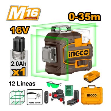NIVEL LASER 12  LÍNEAS VERDE INGCO 16V 360° 3D 35M + BATERÍA HLL301201