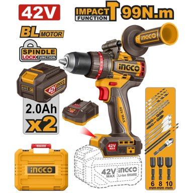 TALADRO PERCUTOR BRUSHLESS CHUCK METÁLICO INGCO 42V 99NM + 2 BATERÍAS CON CARGADOR CIDLI429982 - 1