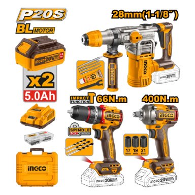 KIT 3 HERRAMIENTAS INGCO ROTOMARTILLO 28MM + LLAVE DE IMPACTO 400NM + PERCUTOR 66NM 20V CKLI20638