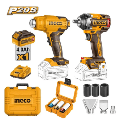 PISTOLA DE CALOR INGCO 20V HGLI20025 + LLAVE DE IMPACTO 20V 500NM CIWLI20501 + DADOS HNMLNS031