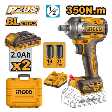 LLAVE DE IMPACTO BRUSHLESS INGCO 20V 350NM + 2 BATERÍAS 2.0AH + CARGADOR CIWLI2035
