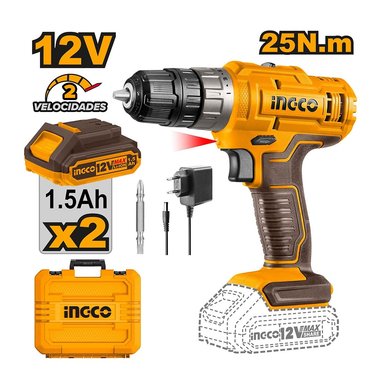 TALADRO ATORNILLADOR INGCO 12V 25NM + 2 BATERÍAS 1.5AH CDLI1228