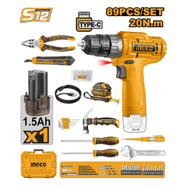 TALADRO ATORNILLADOR INGCO 12V 20NM + 89 HERRAMIENTAS HKTHP10891