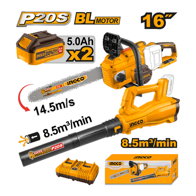 KIT MOTOSIERRA BRUSHLESS INGCO 20V 145MS 16 + SOPLADOR 20V 85M3MIN COSLI240463