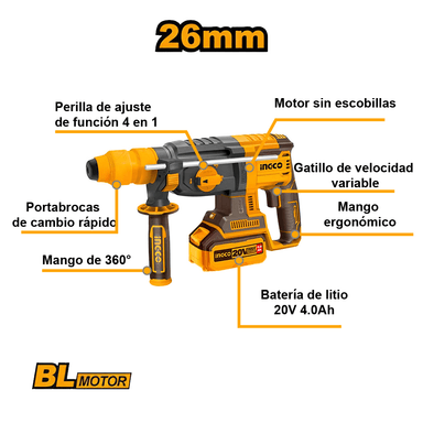 ROTOMARTILLO BRUSHLESS INGCO 20V 26MM 2.5J SDS PLUS + 2 BATERÍAS 4.0AH CRHLI202289 - 2