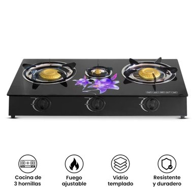 COCINA DE MESA A GAS GK1003G 3 HORNILLAS VIDRIO TEMPLADO