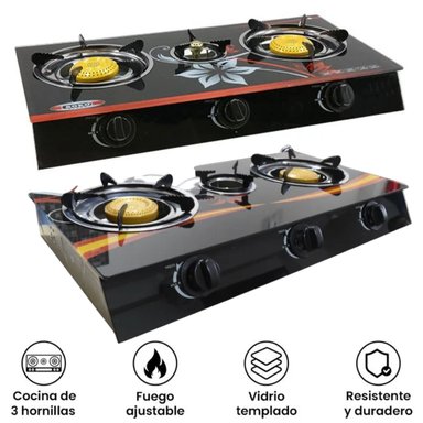COCINA A GAS MS 66888 3 HORNILLAS VIDRIO TEMPLADO COLOR ALEATORIO