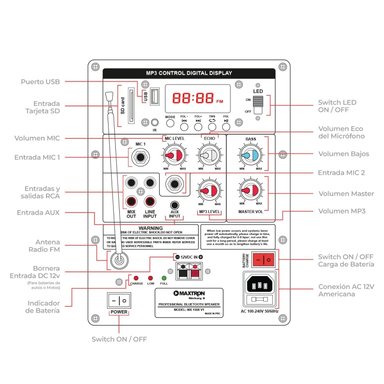 PARLANTE MAXTRON MERKURY MX 1508 USB BT TWS CONEX. AC / 01 MICRÓFONO - 4