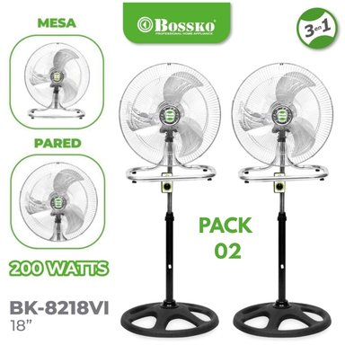 PACK 02 UNIDADES VENTILADOR BOSSKO BK 8218 PLATEADO 200 WATTS, 3 EN 1 PEDESTAL, MESA Y PARED