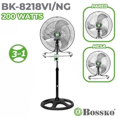 VENTILADOR BOSSKO BK 8218VI MALLA NEGRO 200 WATTS, 3 EN 1 PEDESTAL, MESA Y PARED