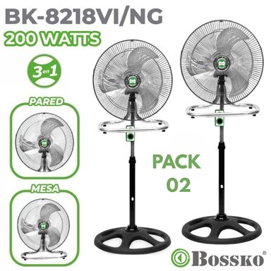 PACK 02 UNIDADES VENTILADOR BOSSKO BK 8218 NEGRO 200 WATTS, 3 EN 1 PEDESTAL, MESA Y PARED