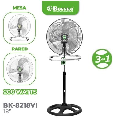 VENTILADOR BOSSKO BK 8218 200 WATTS, 3 EN 1 PEDESTAL, MESA Y PARED COLOR ALEATORIO